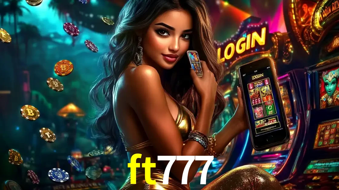 Mulher em um cenário de cassino temático de aventura, mostrando o app de caça-níqueis da ft777 no celular. Fichas de apostas flutuam ao redor.