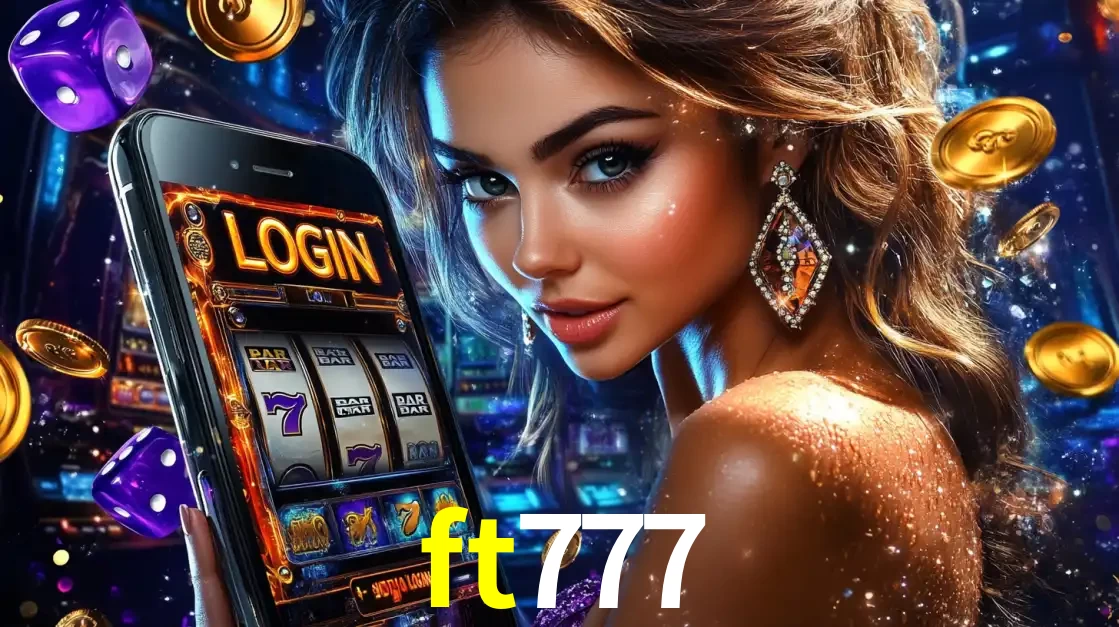 Mulher glamorosa segurando um smartphone com a tela de login para os jogos de caça-níqueis do cassino online ft777, com moedas de ouro e dados ao redor.